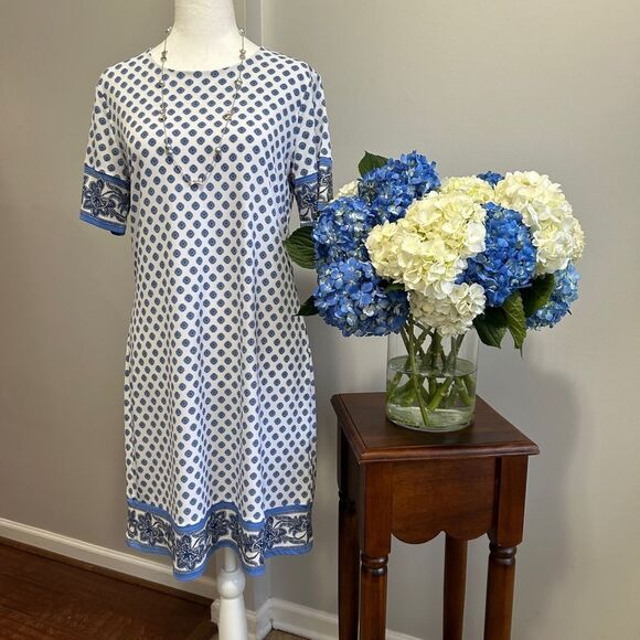 Michael Kors Blue and White Sheath Dress with Cuffed Sleeves - Picture 1 of 5